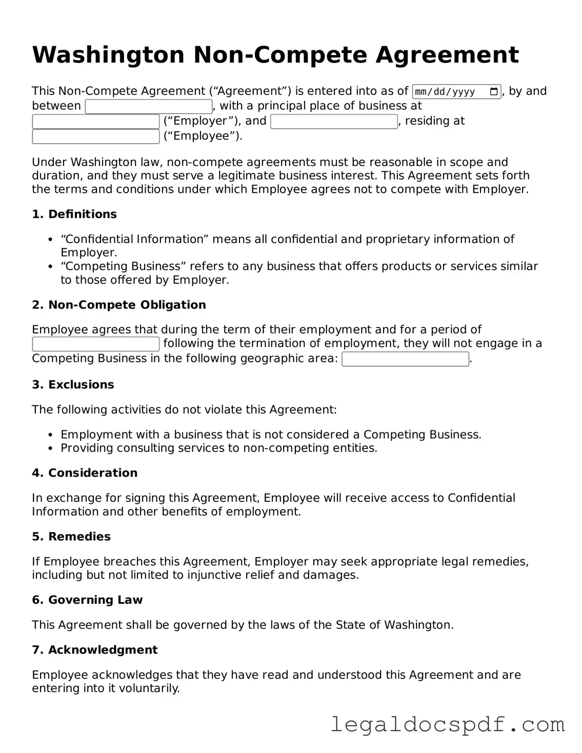 Legal Washington Non-compete Agreement Form