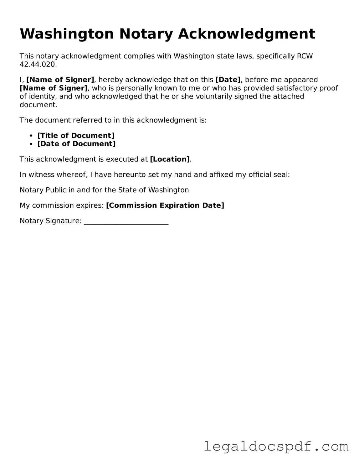 Legal Washington Notary Acknowledgement Form