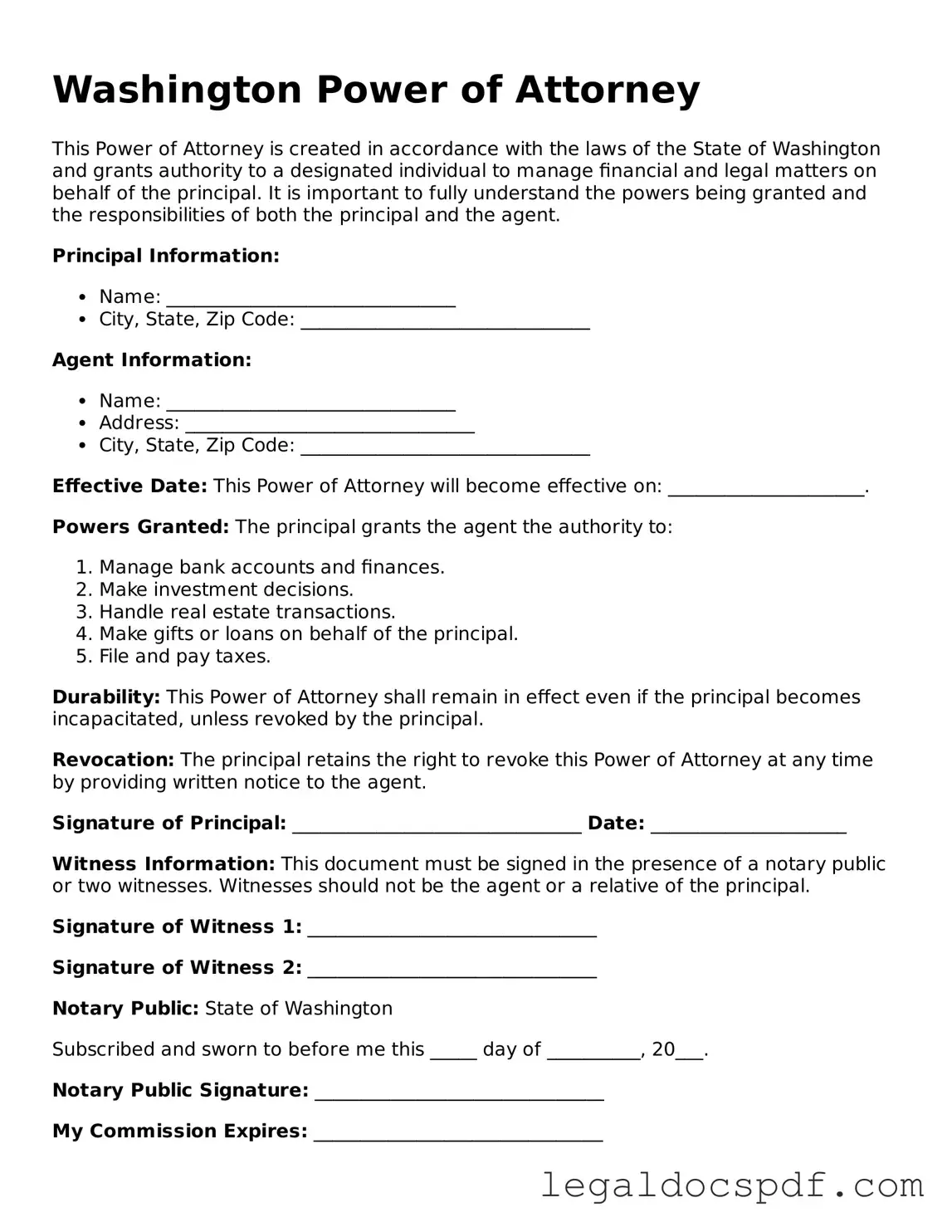 Legal Washington Power of Attorney Form