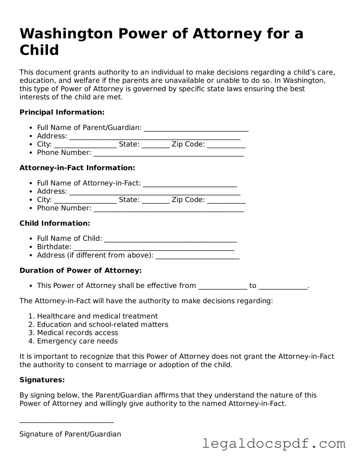 Legal Washington Power of Attorney for a Child Form