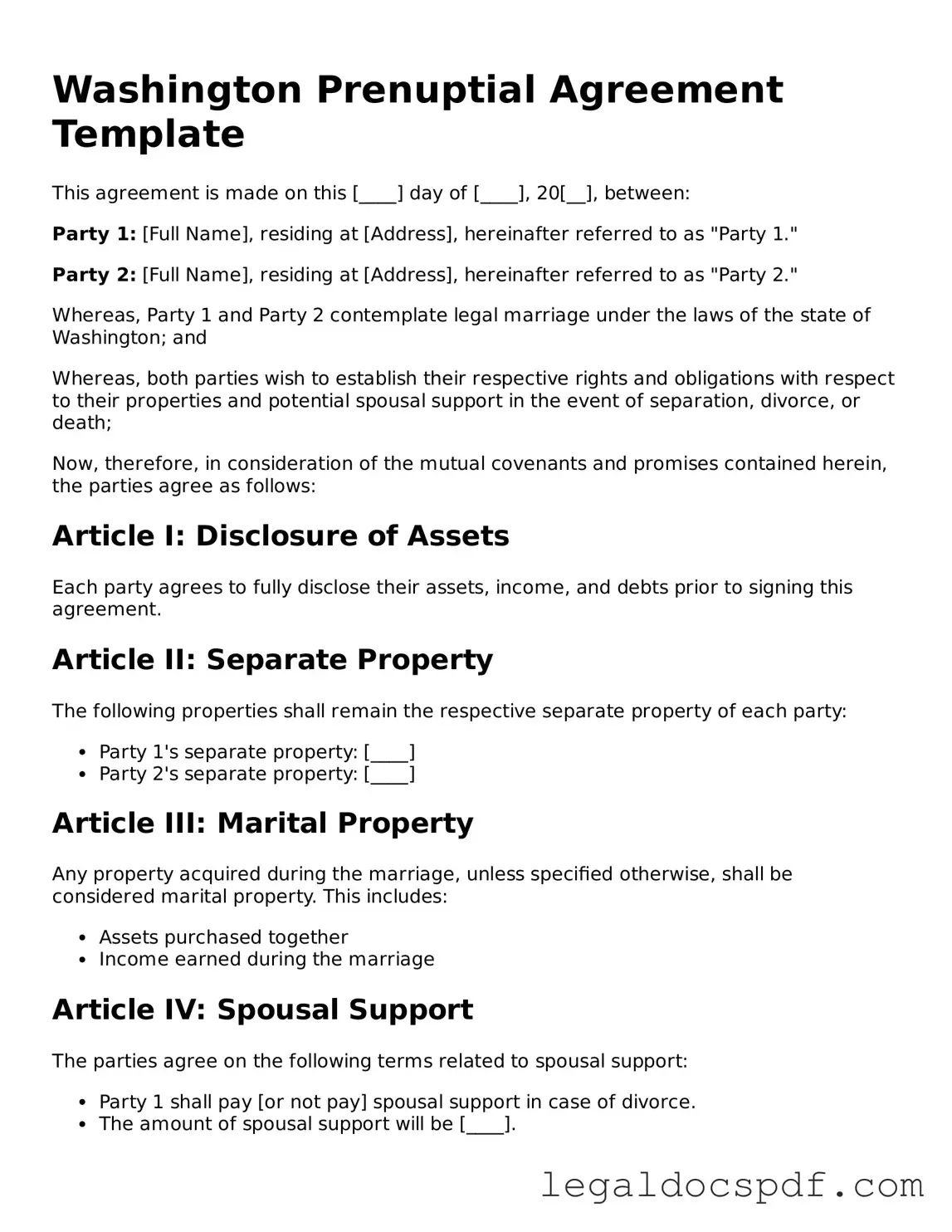 Legal Washington Prenuptial Agreement Form