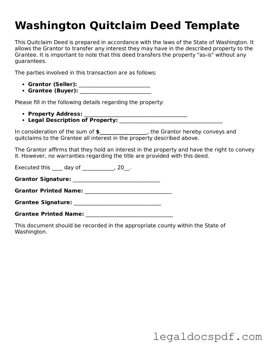Legal Washington Quitclaim Deed Form