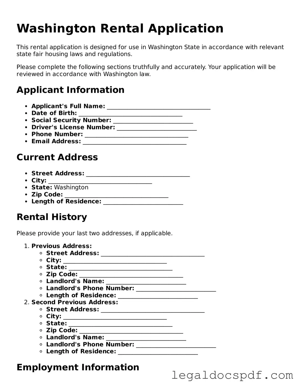 Legal Washington Rental Application Form