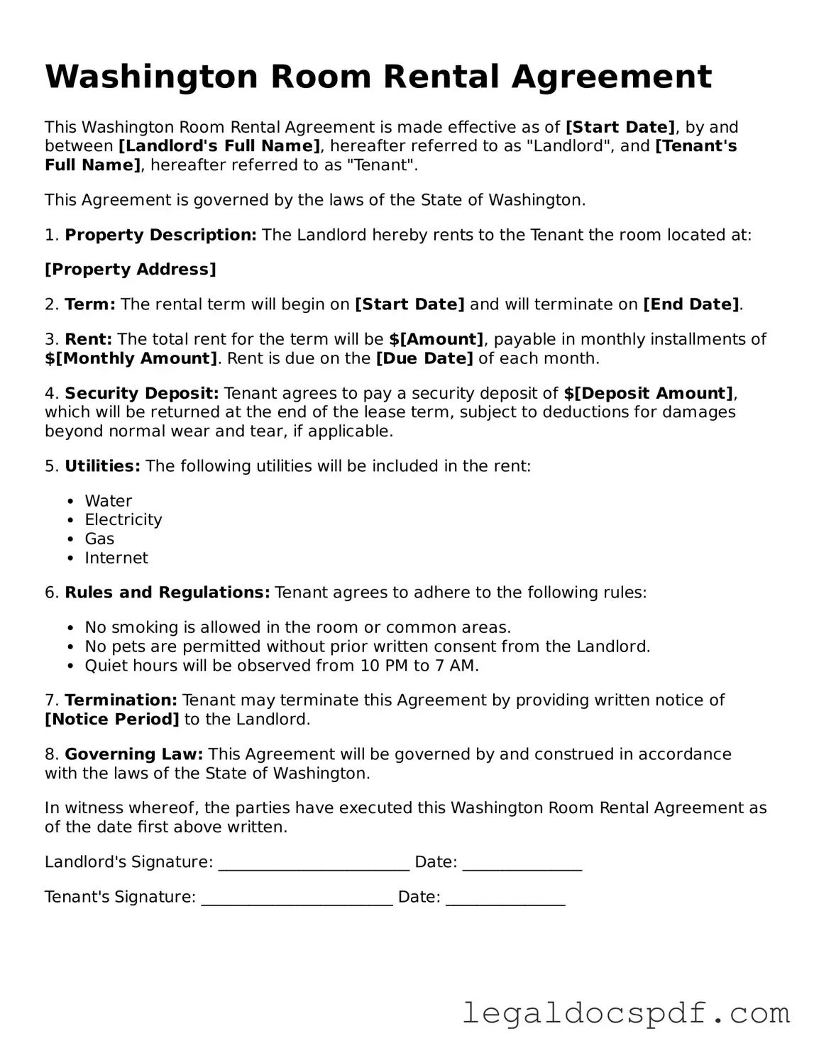 Legal Washington Room Rental Agreement Form