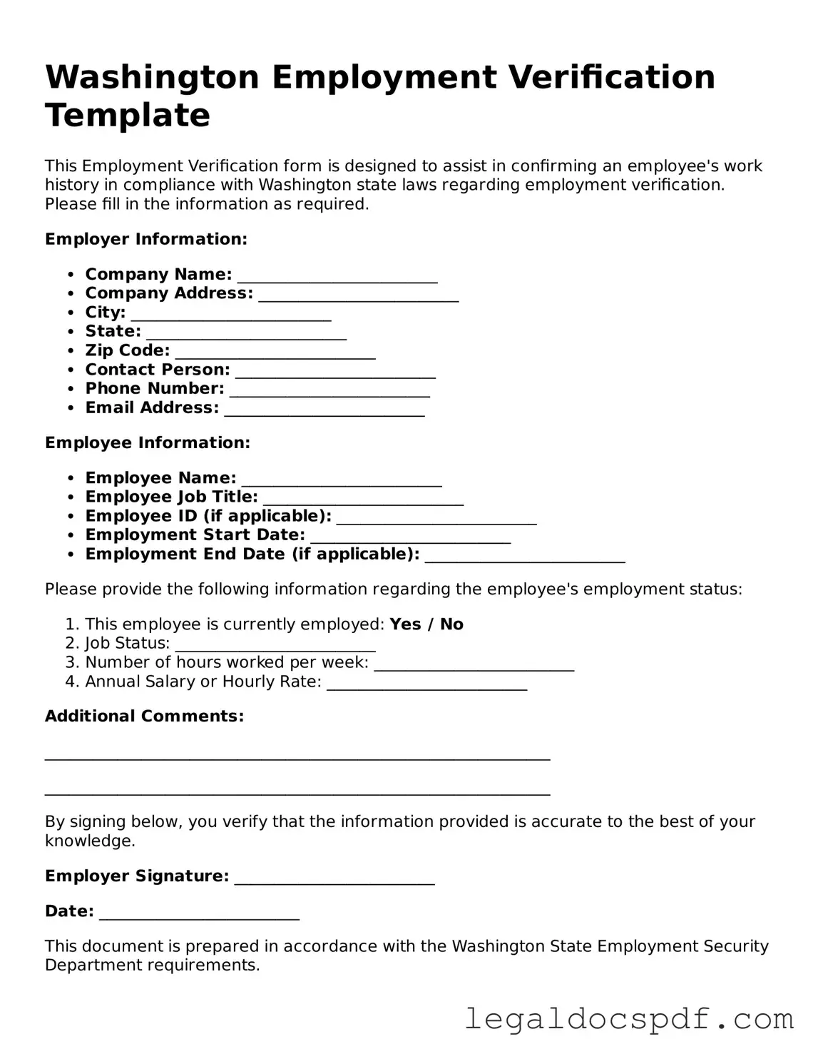 Legal Washington Employment Verification Form