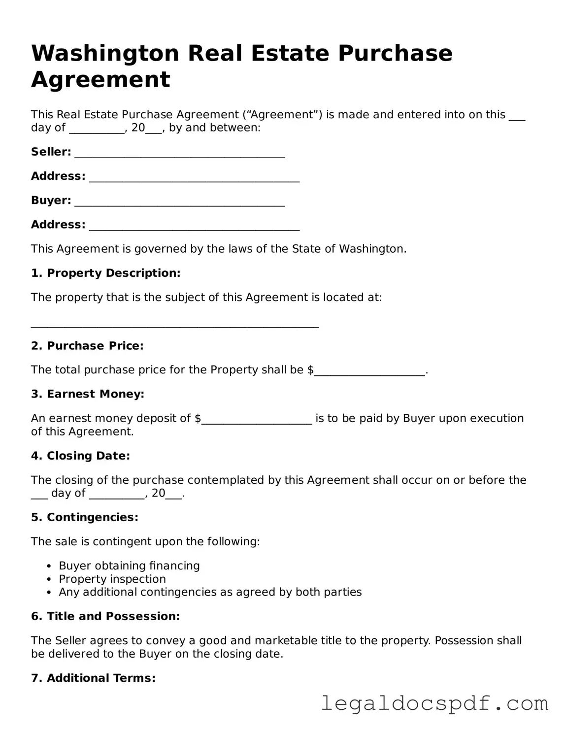 Legal Washington Real Estate Purchase Agreement Form