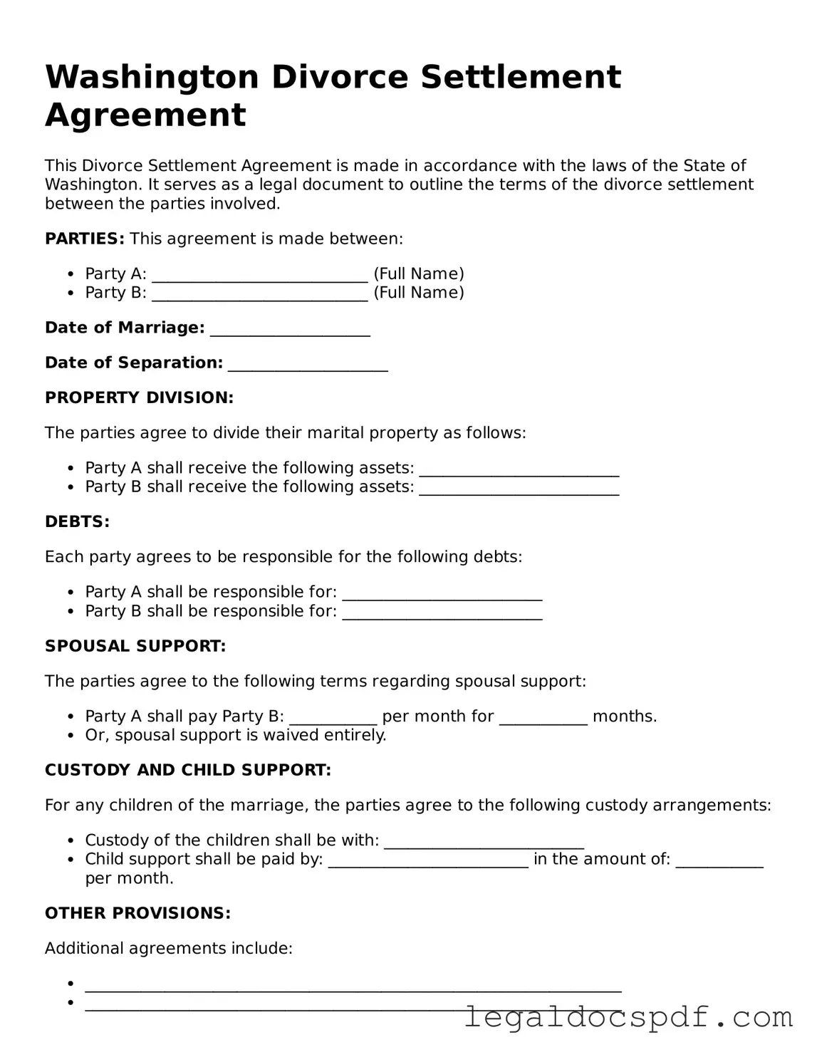 Legal Washington Divorce Settlement Agreement Form